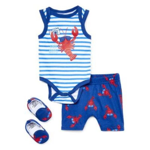 Baby Mode 6-9 Months Infant Bodysuits Red - Blue & White Stripe 'Snap Happy' Lob - Picture 1 of 1